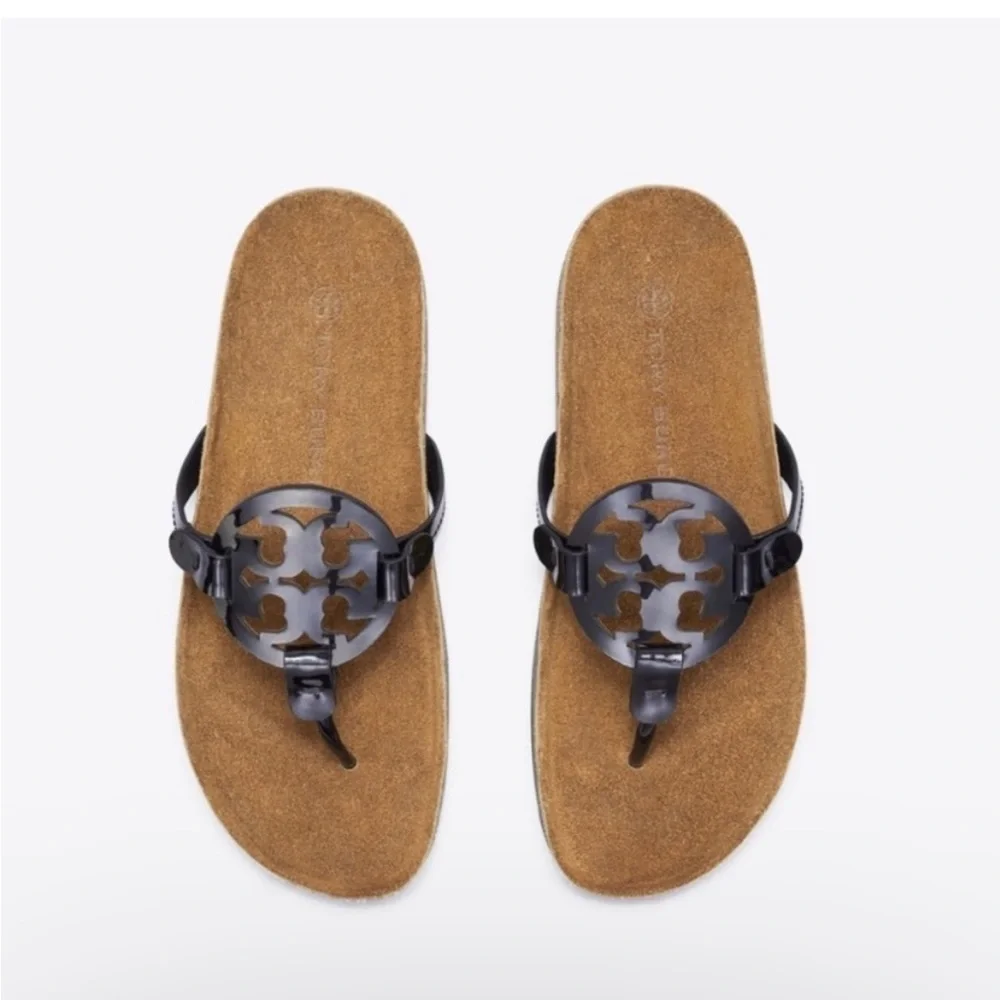 Tory Burch Miller Cloud Sandals Perfect Black Patent Leather/ Suede Cork